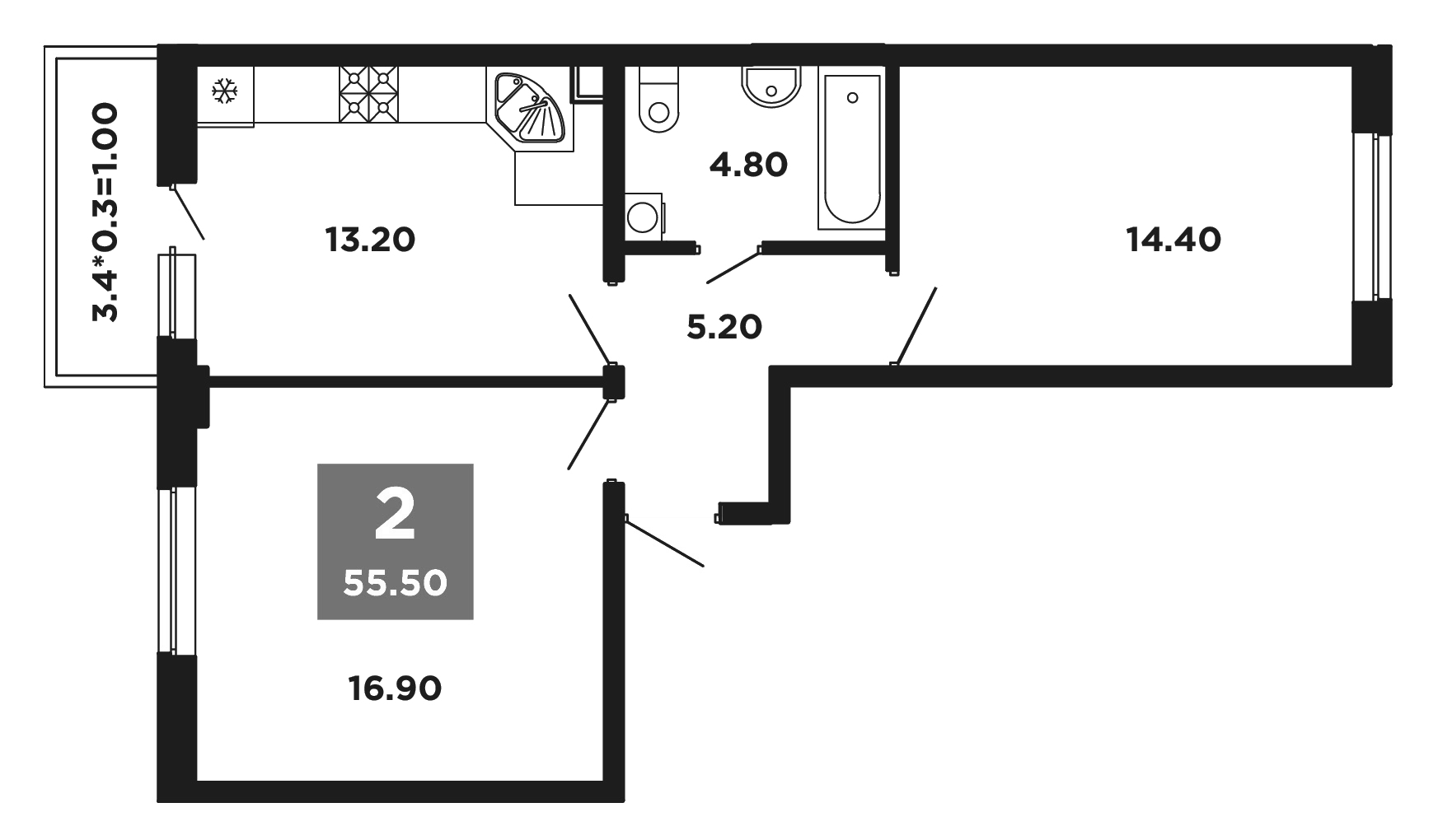 2-комн., 54.5 м², 2/9 этаж, ЖК «НЕО-квартал Красная площадь»