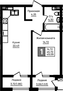 1-комн., 45.7 м², 9/18 этаж, ЖК «Резиденция морей»