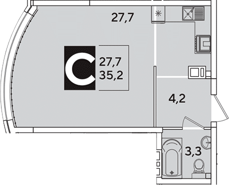 Студия, 35.2 м², 5/16 этаж, ЖК «Самолет»