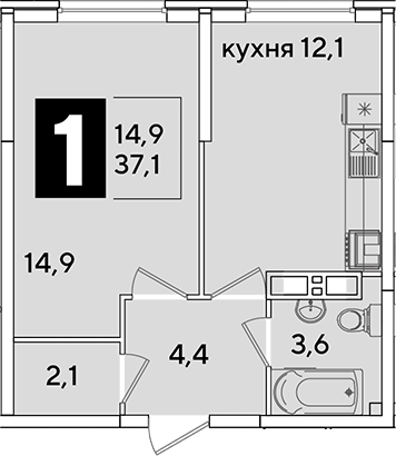 1-комн., 37.1 м², 12/16 этаж, ЖК «Самолет»