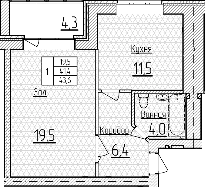 1-комн., 41.45 м², 5/5 этаж, ЖК «Фестивальный»