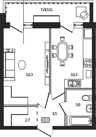 1-комн., 34.4 м², 3/9 этаж, ЖК «Сиреневый бульвар»