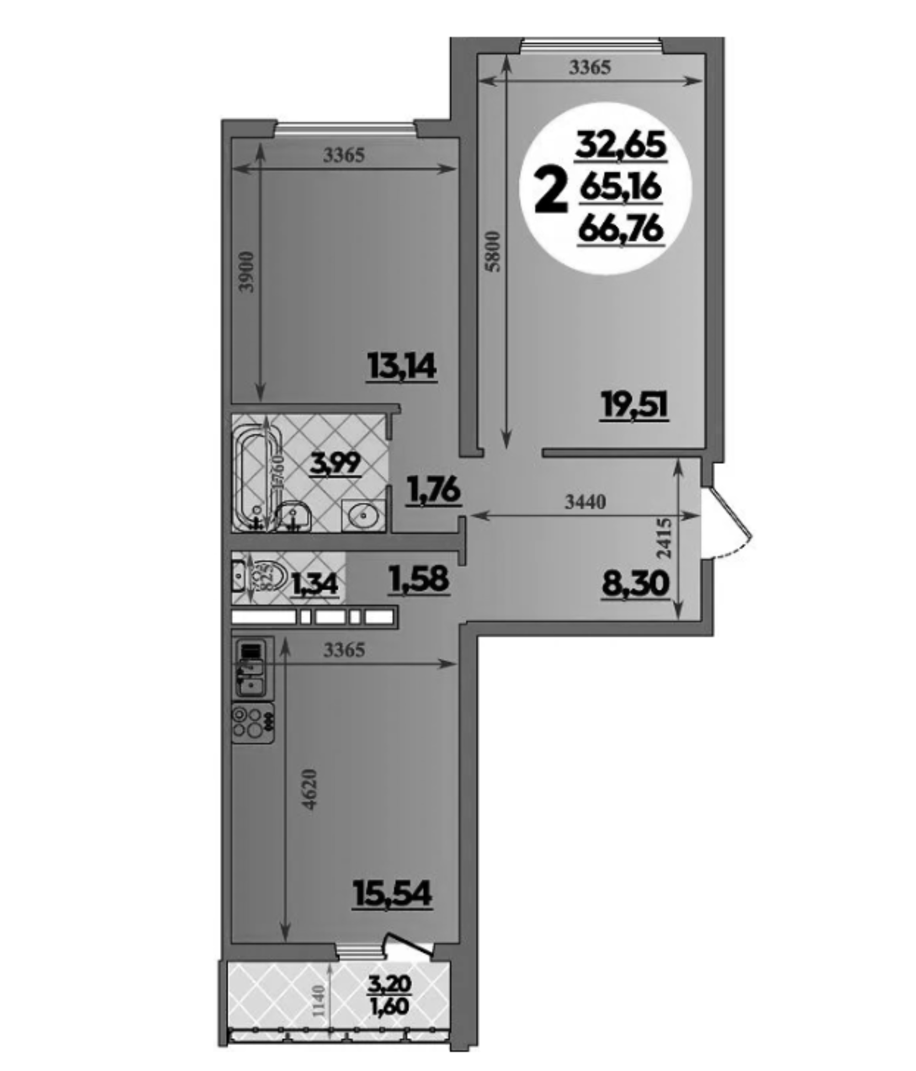 2-комн., 65.16 м², 3/16 этаж, ЖК «Город у моря»