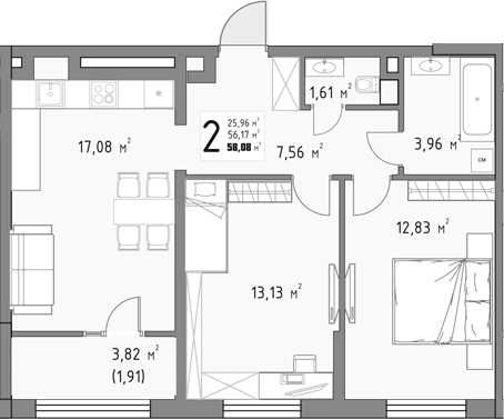 2-комн., 56.17 м², 3/15 этаж, ЖК «Коллекция»