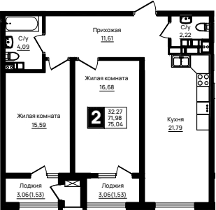 2-комн., 71.98 м², 17/18 этаж, ЖК «Резиденция морей»