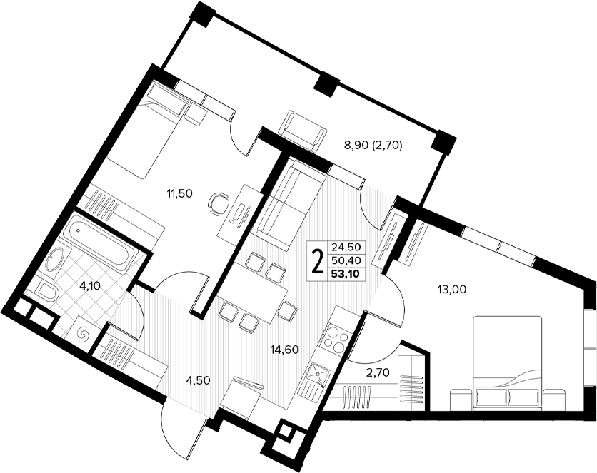 2-комн., 50.4 м², 7/8 этаж, ЖК «Кипарис»