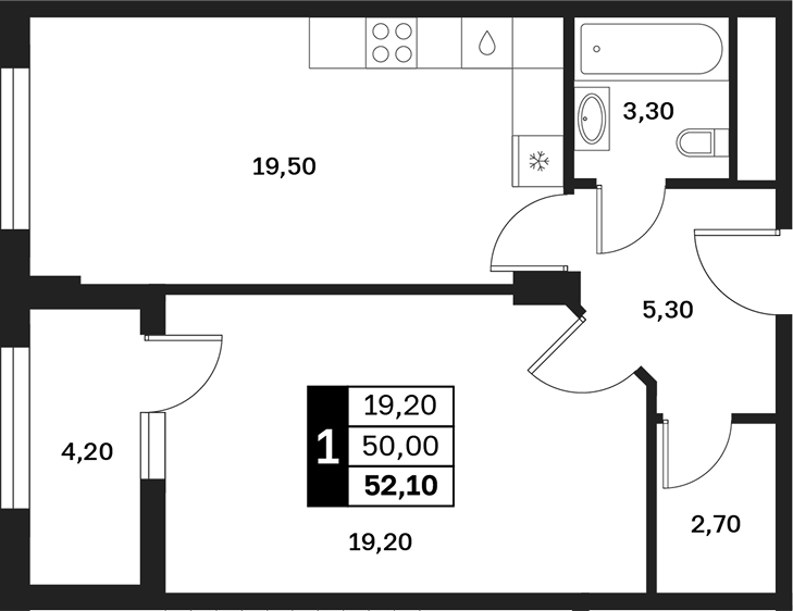 1-комн., 50 м², 5/13 этаж, ЖК «Аксис Патриот»