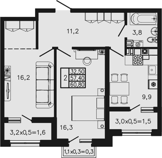 2-комн., 57.4 м², 3/4 этаж, ЖК «Экосфера»