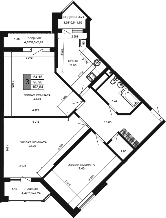 3-комн., 96.9 м², 11/12 этаж, ЖК «Сегодня»