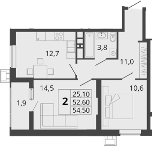 2-комн., 52.6 м², 3/18 этаж, ЖК «Родные Просторы»