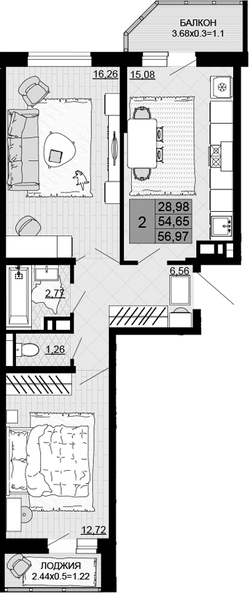 2-комн., 54.65 м², 2/12 этаж, ЖК «Дружба»