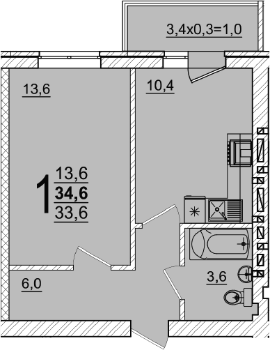 1-комн., 33.6 м², 5/5 этаж, ЖК «Дарград»