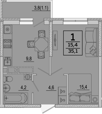 1-комн., 34 м², 11/24 этаж, ЖК «Улыбка»
