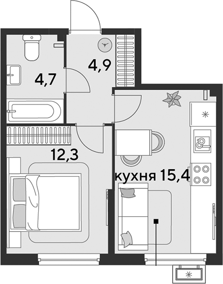 2-комн., 37.3 м², 2/9 этаж, ЖК «Парк Победы»