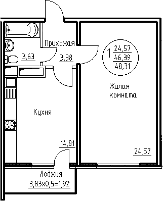 1-комн., 46.39 м², 1/9 этаж, ЖК «Солнечный»