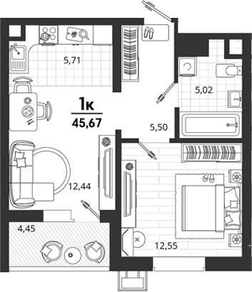 1-комн., 41.22 м², 2/18 этаж, ЖК «Родные Просторы»