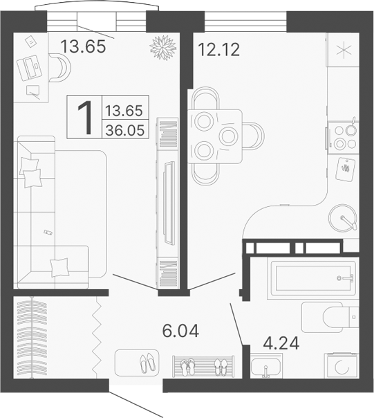 1-комн., 36.05 м², 11/13 этаж, ЖК «Светский лес»