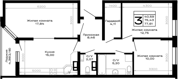 3-комн., 75.43 м², 13/16 этаж, ЖК «Горные высоты»