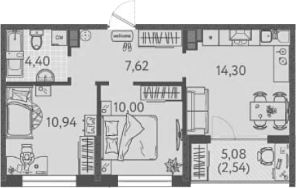 2-комн., 47.26 м², 8/9 этаж, ЖК «Друзья»