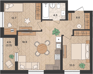 3-комн., 56.7 м², 1/24 этаж, ЖК «ЖК «Мята»»