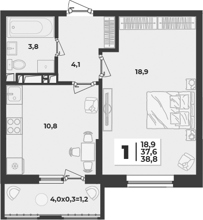 1-комн., 37.6 м², 8/9 этаж, ЖК «Лето»