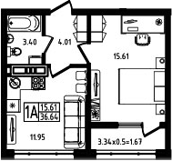 2-комн., 34.97 м², 9/9 этаж, ЖК «Яблоневый»