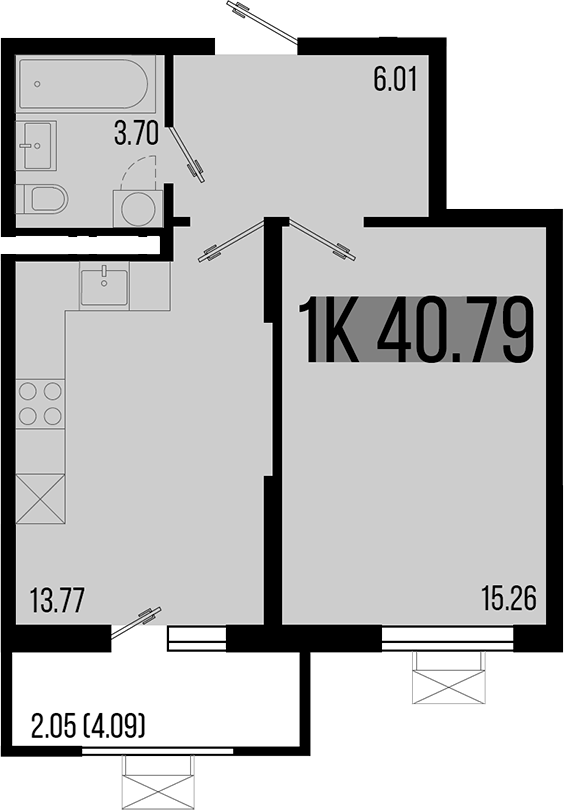1-комн., 38.74 м², 6/8 этаж, ЖК «Цветной бульвар»