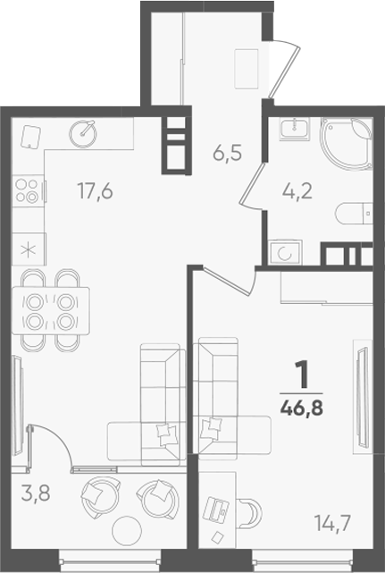 1-комн., 43 м², 8/9 этаж, ЖК «Барса»