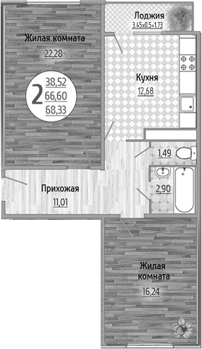 2-комн., 66.6 м², 2/9 этаж, ЖК «Космос»