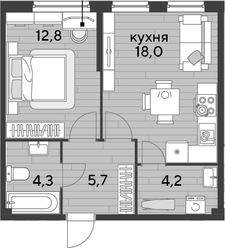 1-комн., 45 м², 2/16 этаж, ЖК «DОГМА ПАРК»