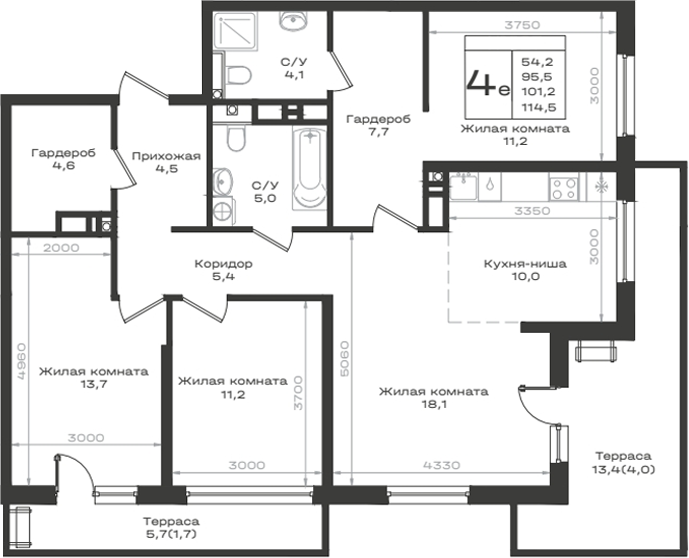 4+ комнаты, 95.5 м², 14/14 этаж, ЖК «Нагория»