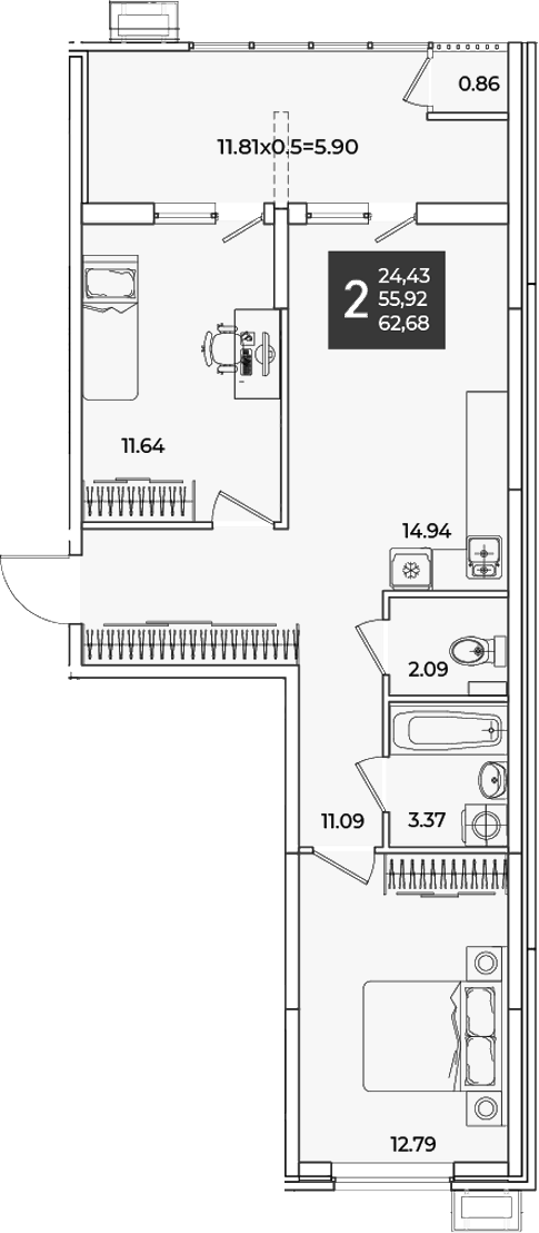 2-комн., 55.92 м², 2/18 этаж, ЖК «Образцово»