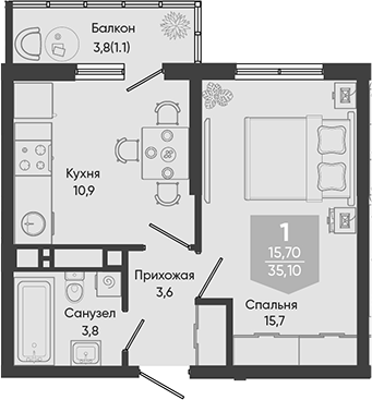 1-комн., 34 м², 10/24 этаж, ЖК «Облака»