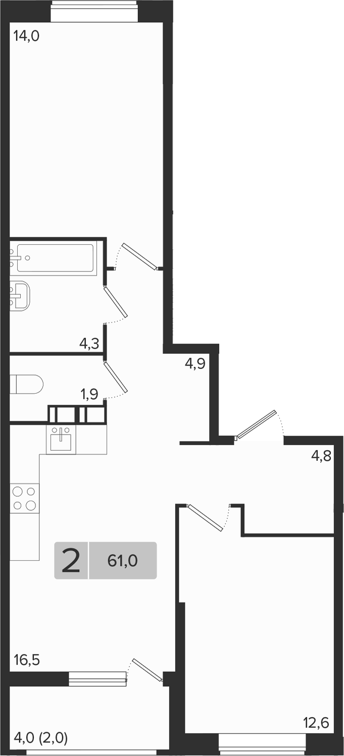 2-комн., 59 м², 7/9 этаж, ЖК «Эрмитаж»