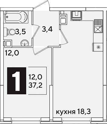 2-комн., 37.2 м², 3/16 этаж, ЖК «Самолет»