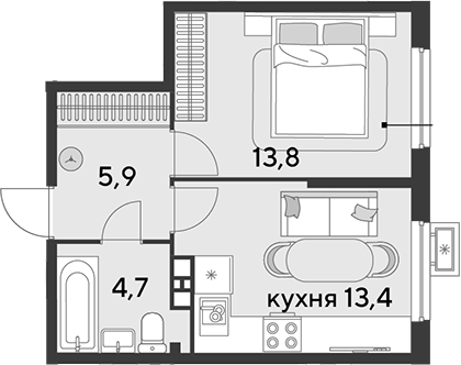 1-комн., 37.8 м², 2/18 этаж, ЖК «Парк Победы»