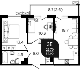 3-комн., 57.1 м², 15/23 этаж, ЖК «Отражение»