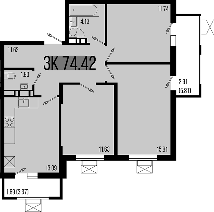 3-комн., 69.82 м², 5/8 этаж, ЖК «Цветной бульвар»