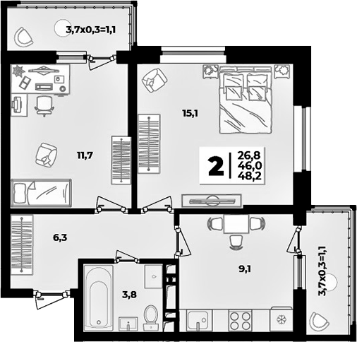 2-комн., 46 м², 7/9 этаж, ЖК «Лето»