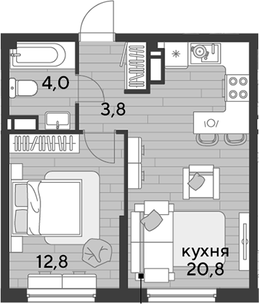 2-комн., 41.4 м², 12/16 этаж, ЖК «DОГМА ПАРК»