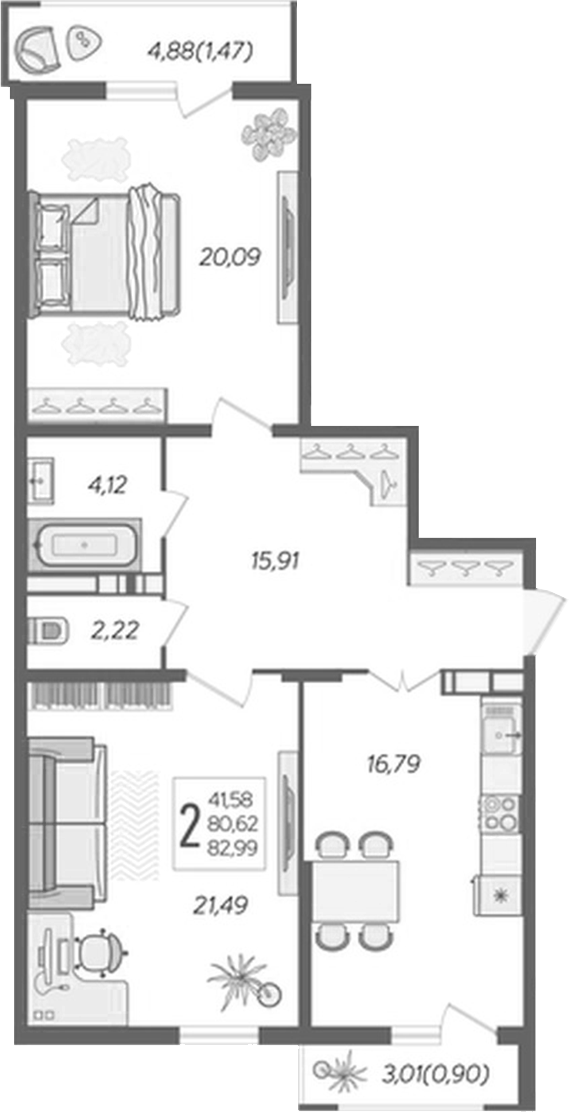 Продается 2-комн. квартира, 78.13 м²