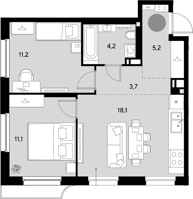 2-комн., 53.5 м², 5/9 этаж, ЖК «Грейд»