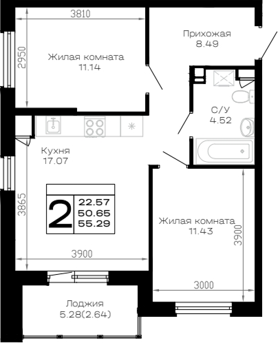 2-комн., 52.65 м², 3/4 этаж, ЖК «Усадьба Гостагаевская»