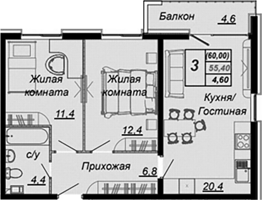 2-комн., 55.4 м², 6/16 этаж, ЖК «Чайные Холмы»