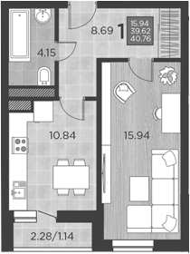 1-комн., 39.62 м², 6/17 этаж, ЖК «Россинский Парк»