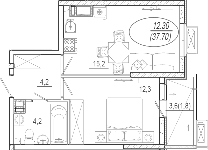 2-комн., 35.9 м², 11/15 этаж, ЖК «Микрорайон Южане»