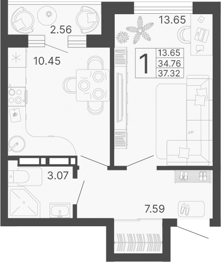 1-комн., 34.76 м², 14/20 этаж, ЖК «Светский лес»