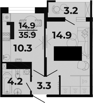 1-комн., 32.7 м², 1/8 этаж, ЖК «Горячий»