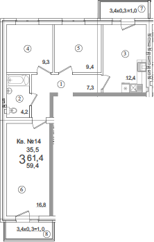 Продается 3-комн. квартира, 59.4 м²