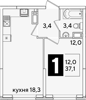 2-комн., 37.1 м², 15/16 этаж, ЖК «Самолет»